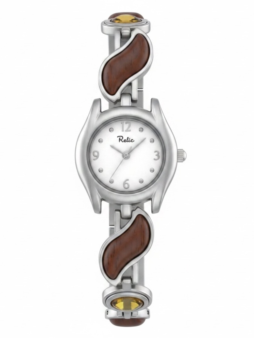 Relic FossilSilver Tone Bracelet Watch with Brown Wood Accents and Yellow Stones